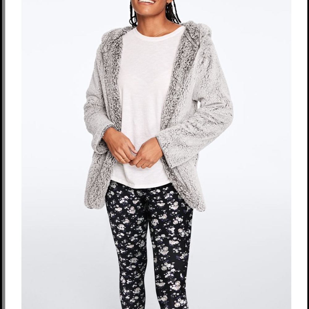 NEW Victoria Secret PINK Grey Sherpa Cardig Jacket